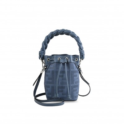 FENDI EMBROIDERED FABRIC AND LEATHER MINI MON TRESOR BUCKET BAG (18*12*10cm) 